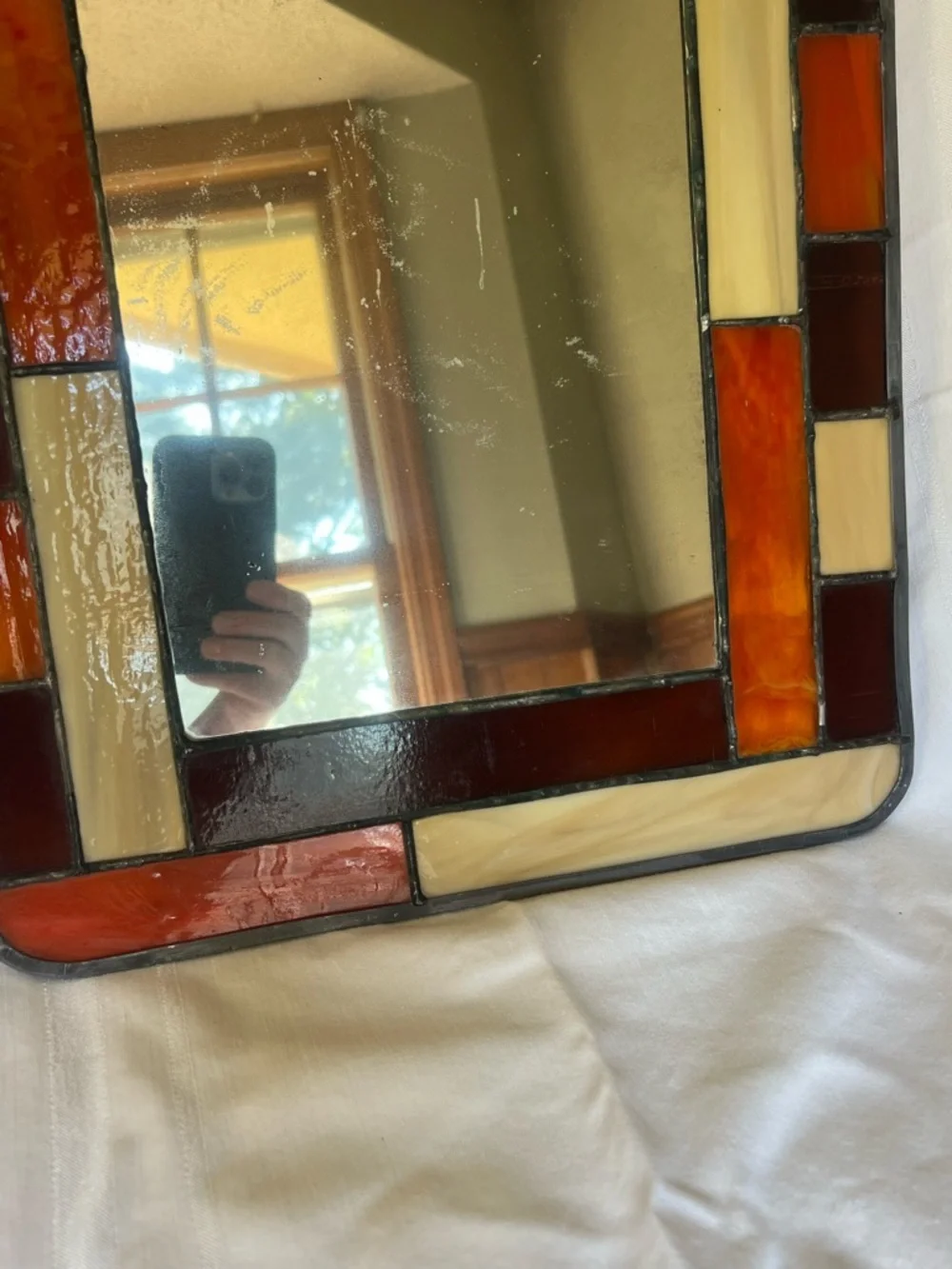 Stained Glass Framed Wall Mirror in Amber, Cream, and Burgundy